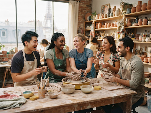 Groupe participant à un atelier de poterie